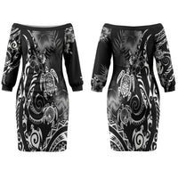 Aloha Hawaii Turtles Floral Couples Matching Off The Shoulder Long Sleeve Dress and Hawaiian Shirt Obsidian Glaze LT7 - Polynesian Pride