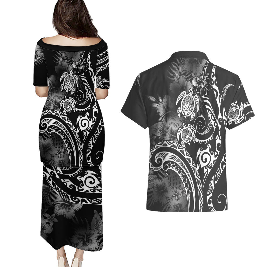 Aloha Hawaii Turtles Floral Couples Matching Puletasi and Hawaiian Shirt Obsidian Glaze