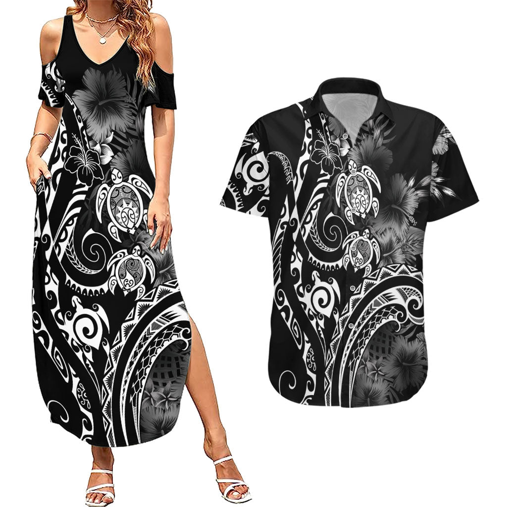 Aloha Hawaii Turtles Floral Couples Matching Summer Maxi Dress and Hawaiian Shirt Obsidian Glaze LT7 Black - Polynesian Pride