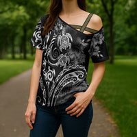 Aloha Hawaii Turtles Floral Cross Shoulder Shirt Obsidian Glaze