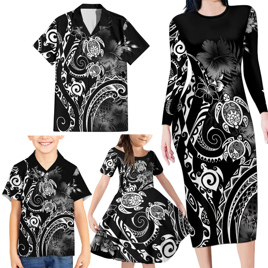Aloha Hawaii Turtles Floral Family Matching Long Sleeve Bodycon Dress and Hawaiian Shirt Obsidian Glaze LT7 - Polynesian Pride