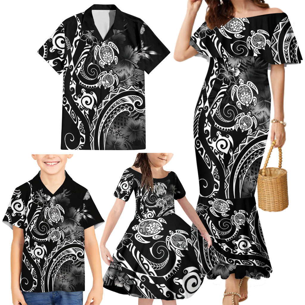 Aloha Hawaii Turtles Floral Family Matching Mermaid Dress and Hawaiian Shirt Obsidian Glaze LT7 - Polynesian Pride