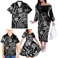 Aloha Hawaii Turtles Floral Family Matching Off The Shoulder Long Sleeve Dress and Hawaiian Shirt Obsidian Glaze