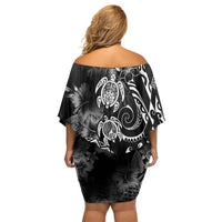 Aloha Hawaii Turtles Floral Family Matching Off Shoulder Short Dress and Hawaiian Shirt Obsidian Glaze
