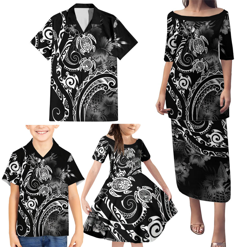 Aloha Hawaii Turtles Floral Family Matching Puletasi and Hawaiian Shirt Obsidian Glaze