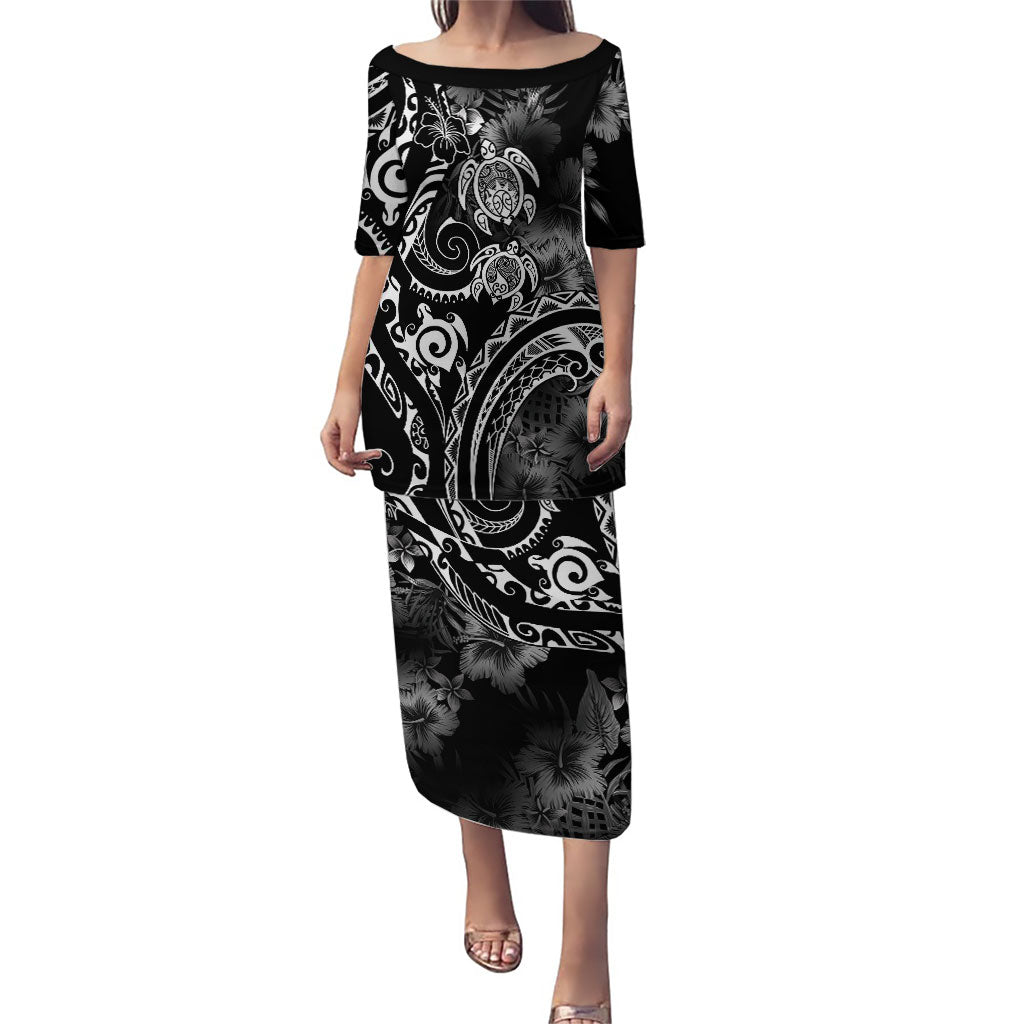 Aloha Hawaii Turtles Floral Family Matching Puletasi and Hawaiian Shirt Obsidian Glaze