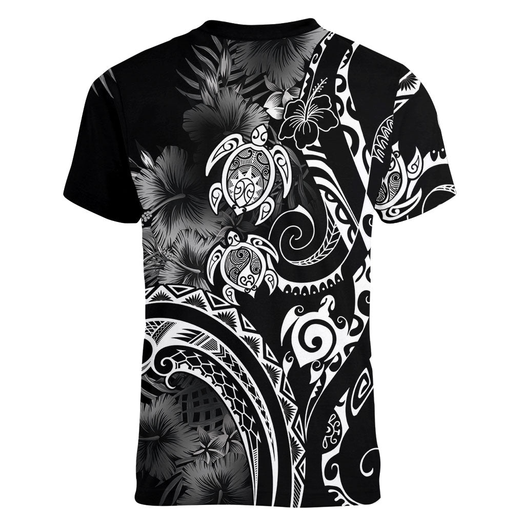 Aloha Hawaii Turtles Floral Women V-Neck T-Shirt Obsidian Glaze