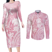 Aloha Hawaii Turtles Floral Couples Matching Long Sleeve Bodycon Dress and Long Sleeve Button Shirt Pink Marbles Glaze