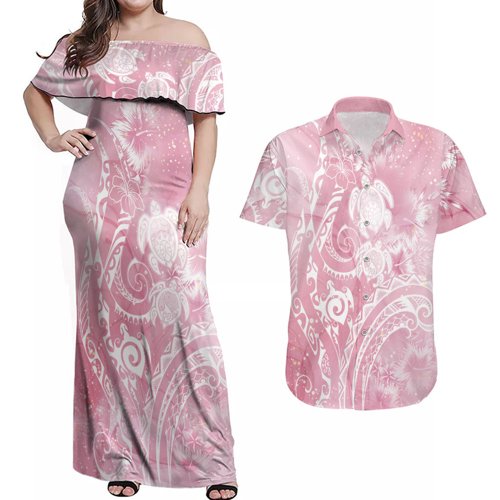 Aloha Hawaii Turtles Floral Couples Matching Off Shoulder Maxi Dress and Hawaiian Shirt Pink Marbles Glaze