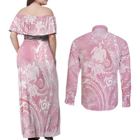Aloha Hawaii Turtles Floral Couples Matching Off Shoulder Maxi Dress and Long Sleeve Button Shirt Pink Marbles Glaze