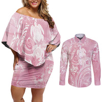 Aloha Hawaii Turtles Floral Couples Matching Off Shoulder Short Dress and Long Sleeve Button Shirt Pink Marbles Glaze