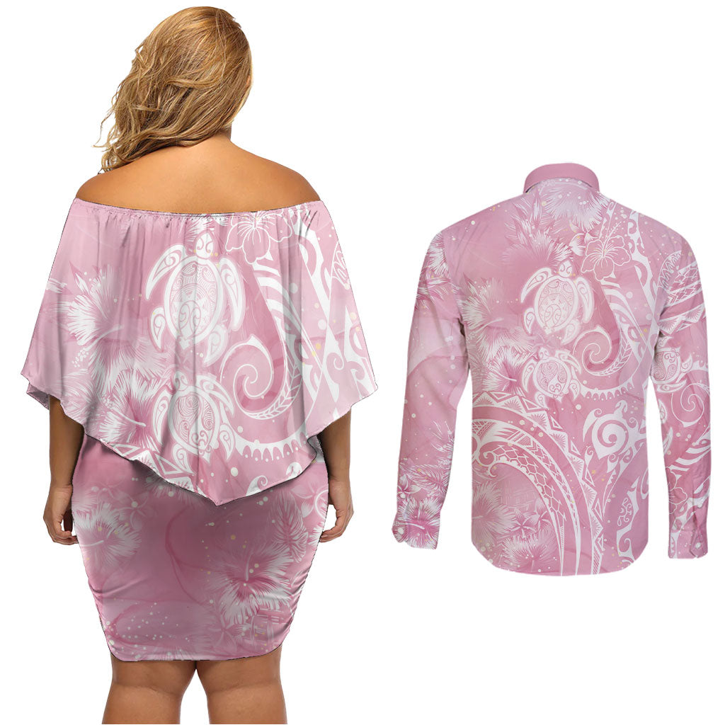 Aloha Hawaii Turtles Floral Couples Matching Off Shoulder Short Dress and Long Sleeve Button Shirt Pink Marbles Glaze