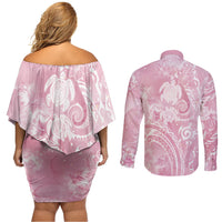 Aloha Hawaii Turtles Floral Couples Matching Off Shoulder Short Dress and Long Sleeve Button Shirt Pink Marbles Glaze