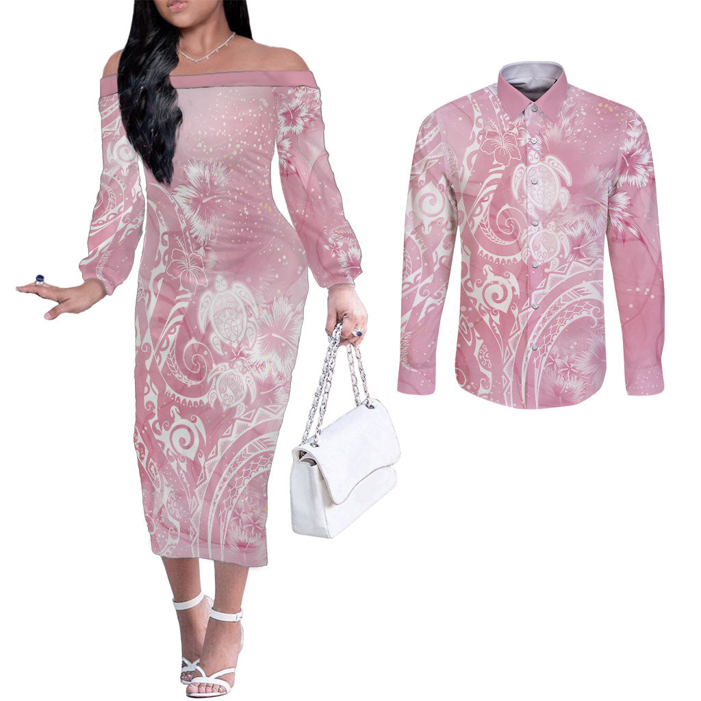 Aloha Hawaii Turtles Floral Couples Matching Off The Shoulder Long Sleeve Dress and Long Sleeve Button Shirt Pink Marbles Glaze