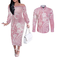 Aloha Hawaii Turtles Floral Couples Matching Off The Shoulder Long Sleeve Dress and Long Sleeve Button Shirt Pink Marbles Glaze