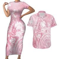 Aloha Hawaii Turtles Floral Couples Matching Short Sleeve Bodycon Dress and Hawaiian Shirt Pink Marbles Glaze