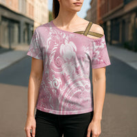 Aloha Hawaii Turtles Floral Cross Shoulder Shirt Pink Marbles Glaze