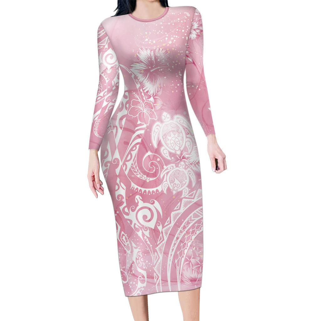 Aloha Hawaii Turtles Floral Family Matching Long Sleeve Bodycon Dress and Hawaiian Shirt Pink Marbles Glaze