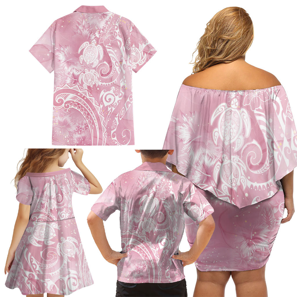 Aloha Hawaii Turtles Floral Family Matching Off Shoulder Short Dress and Hawaiian Shirt Pink Marbles Glaze