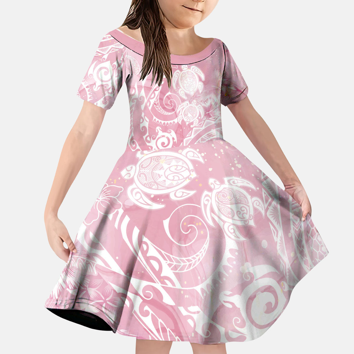 Aloha Hawaii Turtles Floral Kid Short Sleeve Dress Pink Marbles Glaze LT7 KID Pink - Polynesian Pride