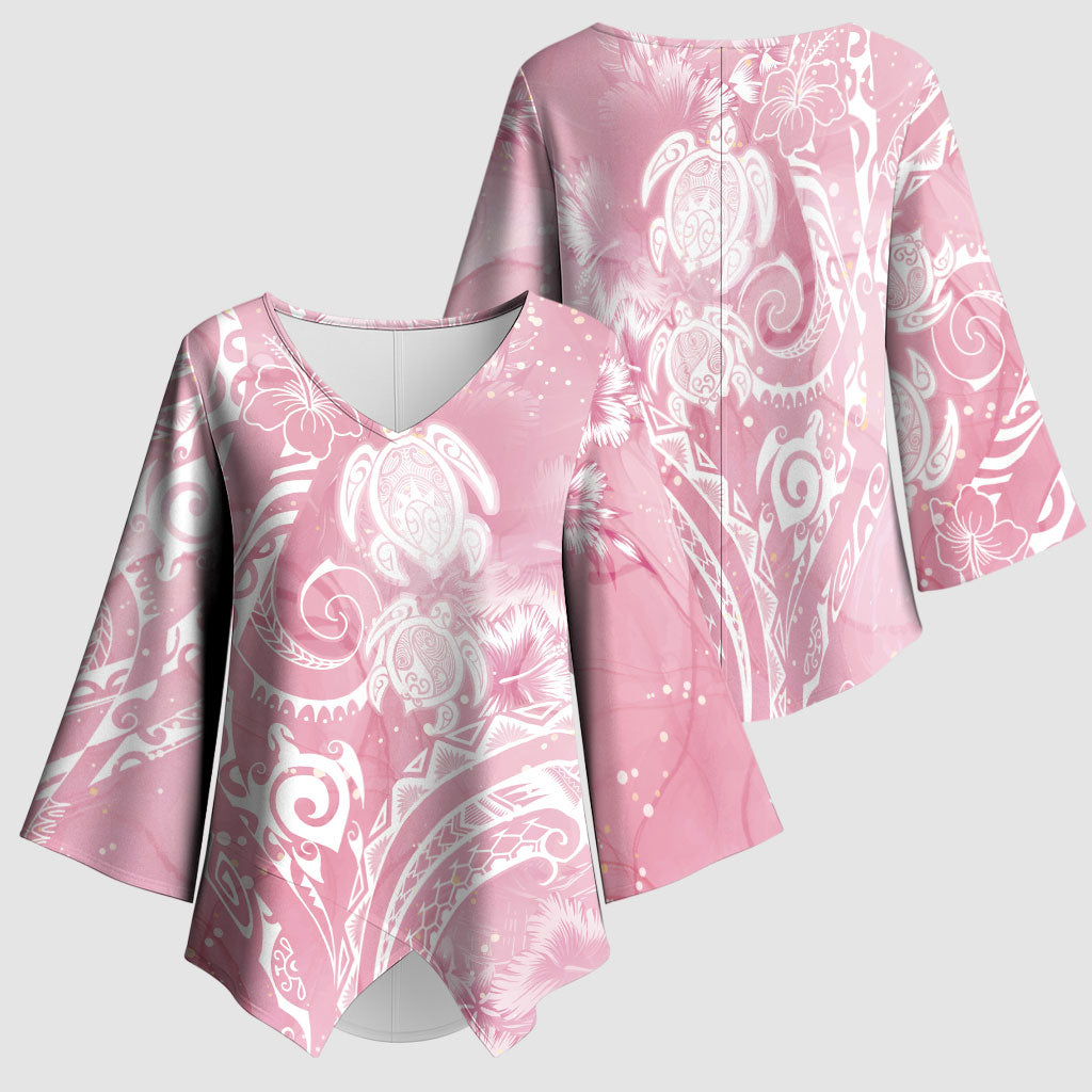 Aloha Hawaii Turtles Floral Kimono Sleeve Blouse Pink Marbles Glaze