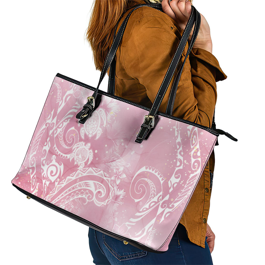 Aloha Hawaii Turtles Floral Leather Tote Bag Pink Marbles Glaze