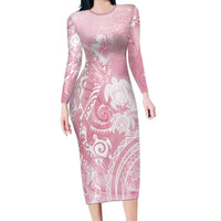 Aloha Hawaii Turtles Floral Long Sleeve Bodycon Dress Pink Marbles Glaze