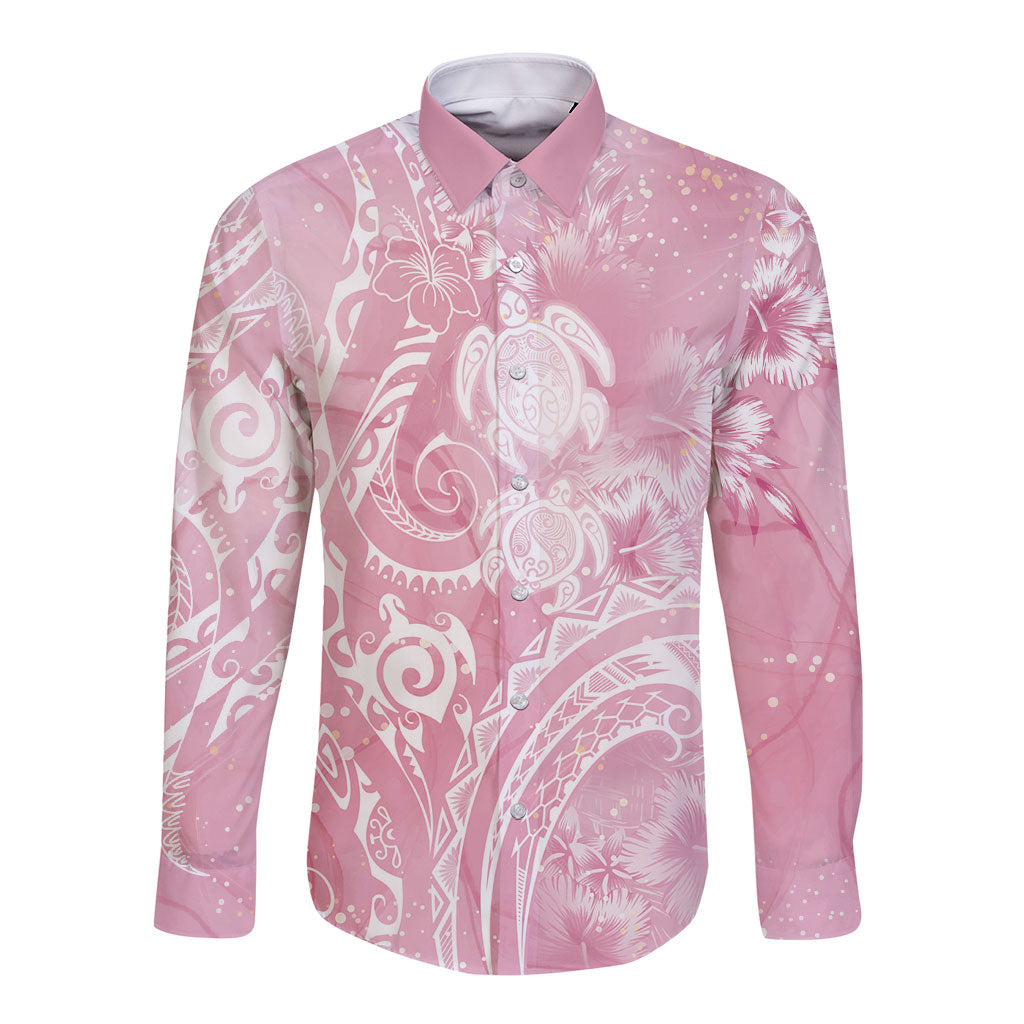 Aloha Hawaii Turtles Floral Long Sleeve Button Shirt Pink Marbles Glaze LT7 Unisex Pink - Polynesian Pride
