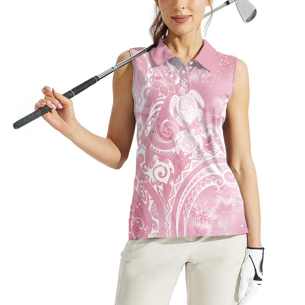 Aloha Hawaii Turtles Floral Women Sleeveless Polo Shirt Pink Marbles Glaze