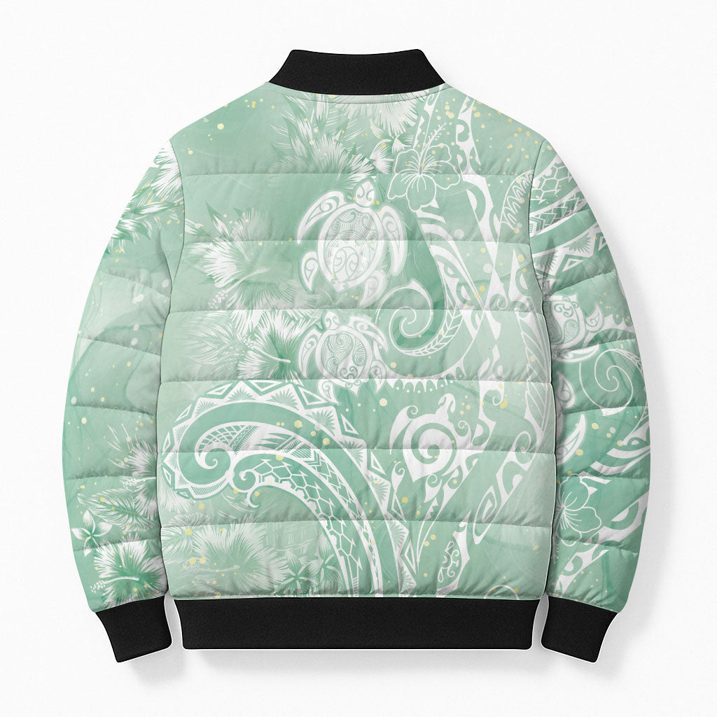 Aloha Hawaii Turtles Floral Bomber Puffer Jacket Seafoam Marbles Glaze
