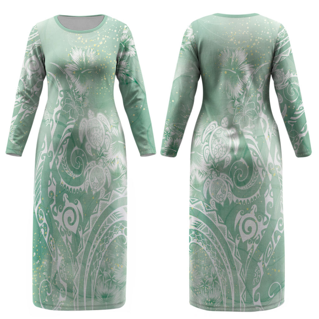 Aloha Hawaii Turtles Floral Couples Matching Long Sleeve Bodycon Dress and Hawaiian Shirt Seafoam Marbles Glaze LT7 - Polynesian Pride