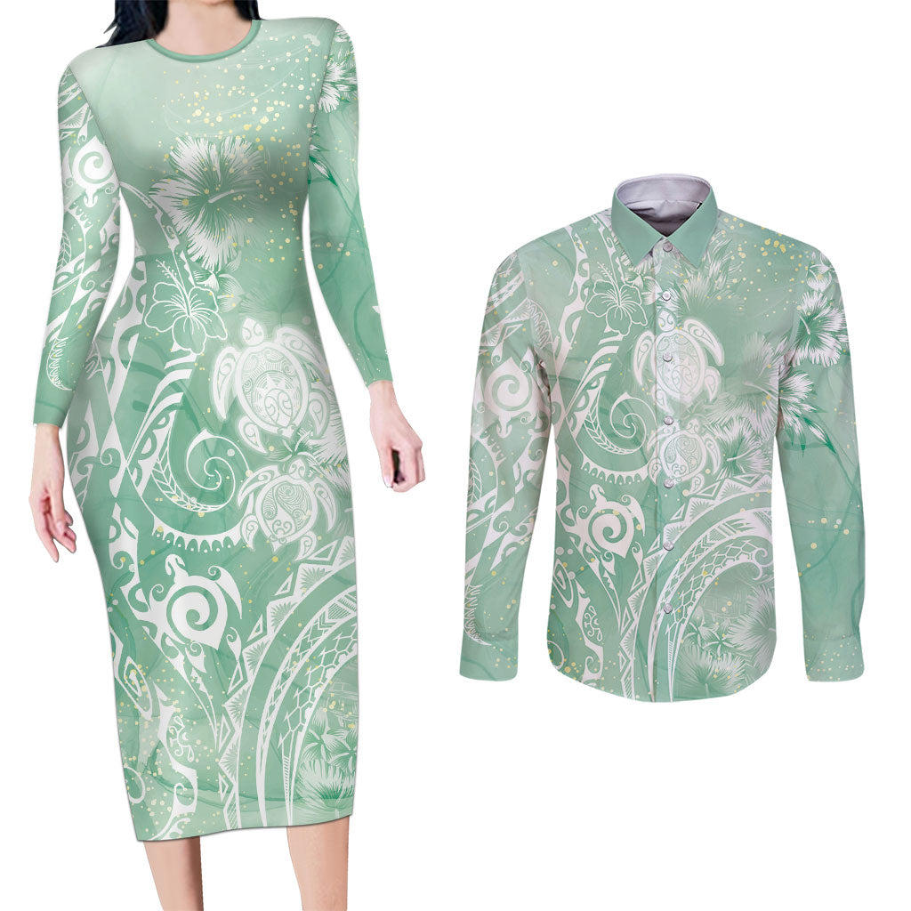 Aloha Hawaii Turtles Floral Couples Matching Long Sleeve Bodycon Dress and Long Sleeve Button Shirt Seafoam Marbles Glaze