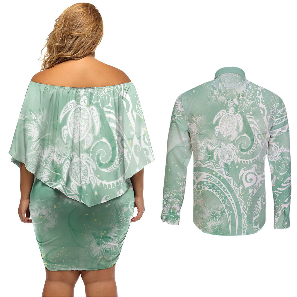 Aloha Hawaii Turtles Floral Couples Matching Off Shoulder Short Dress and Long Sleeve Button Shirt Seafoam Marbles Glaze