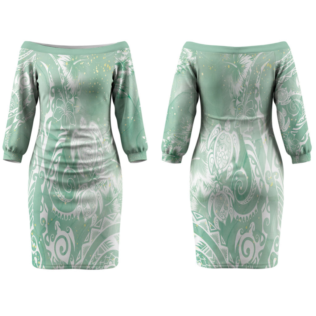 Aloha Hawaii Turtles Floral Couples Matching Off The Shoulder Long Sleeve Dress and Long Sleeve Button Shirt Seafoam Marbles Glaze LT7 - Polynesian Pride