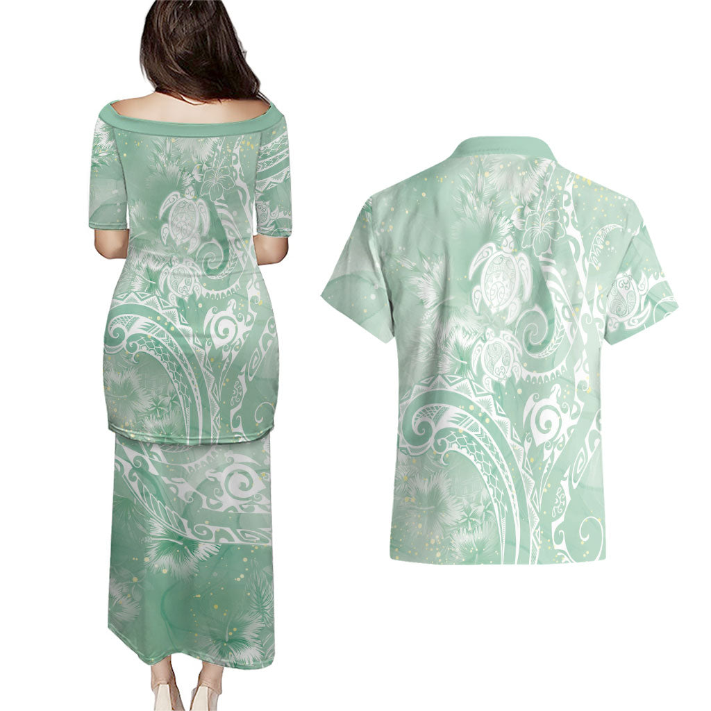 Aloha Hawaii Turtles Floral Couples Matching Puletasi and Hawaiian Shirt Seafoam Marbles Glaze