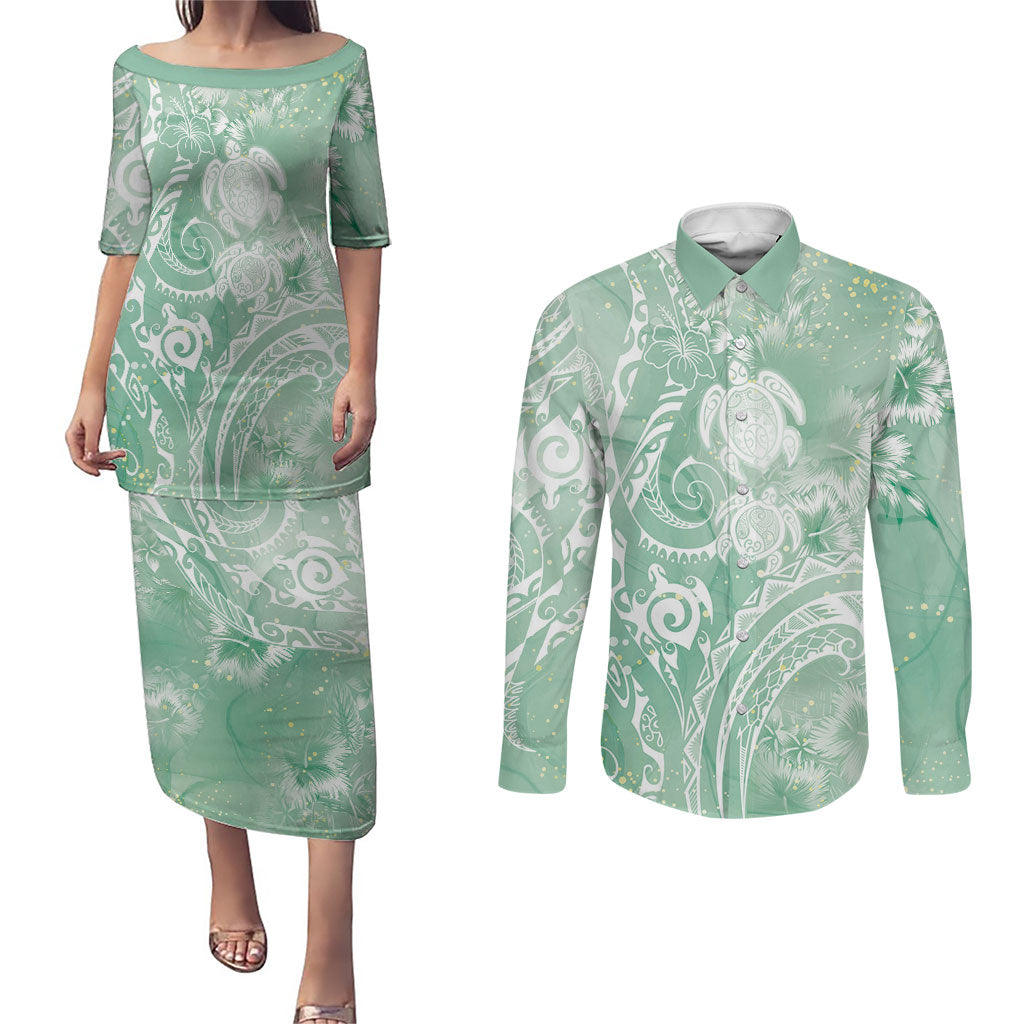Aloha Hawaii Turtles Floral Couples Matching Puletasi and Long Sleeve Button Shirt Seafoam Marbles Glaze LT7 Seafoam - Polynesian Pride