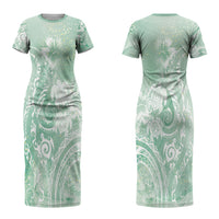 Aloha Hawaii Turtles Floral Couples Matching Short Sleeve Bodycon Dress and Long Sleeve Button Shirt Seafoam Marbles Glaze LT7 - Polynesian Pride