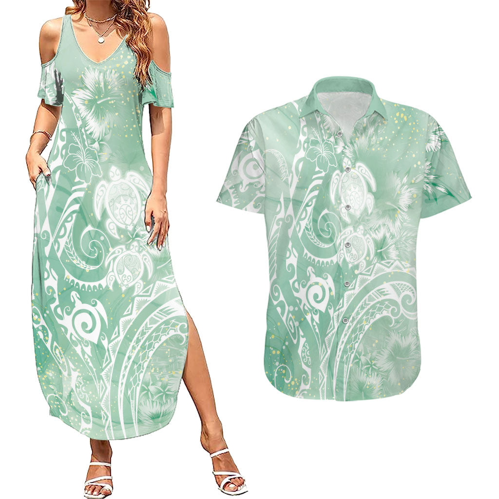 Aloha Hawaii Turtles Floral Couples Matching Summer Maxi Dress and Hawaiian Shirt Seafoam Marbles Glaze LT7 Seafoam - Polynesian Pride