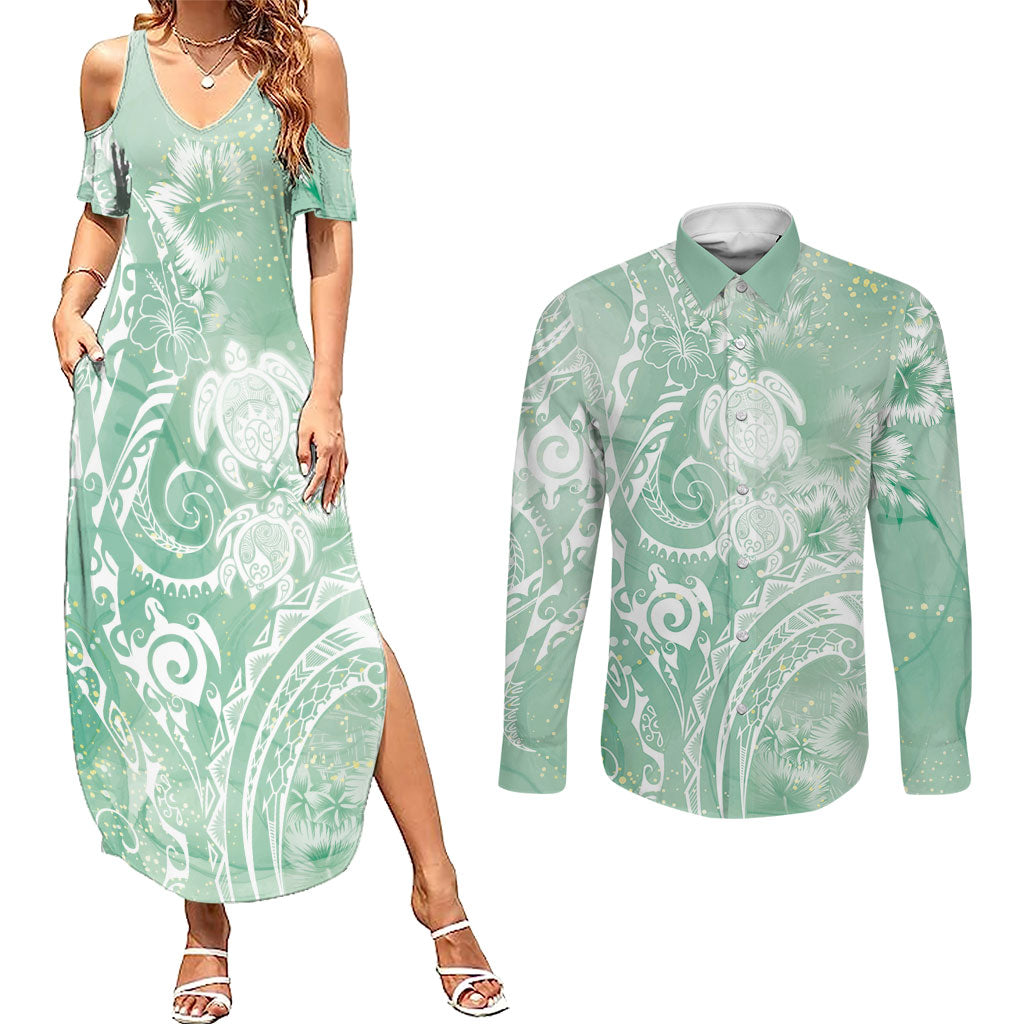 Aloha Hawaii Turtles Floral Couples Matching Summer Maxi Dress and Long Sleeve Button Shirt Seafoam Marbles Glaze