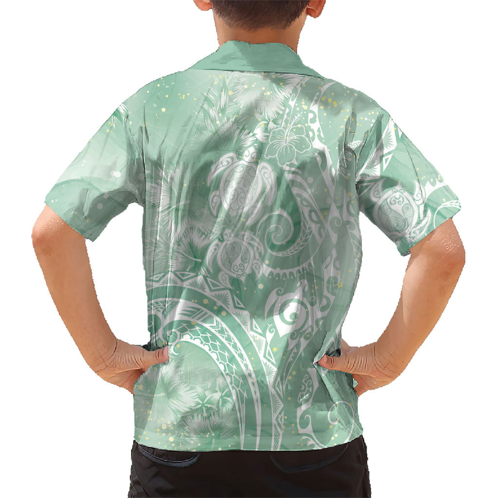 Aloha Hawaii Turtles Floral Family Matching Long Sleeve Bodycon Dress and Hawaiian Shirt Seafoam Marbles Glaze