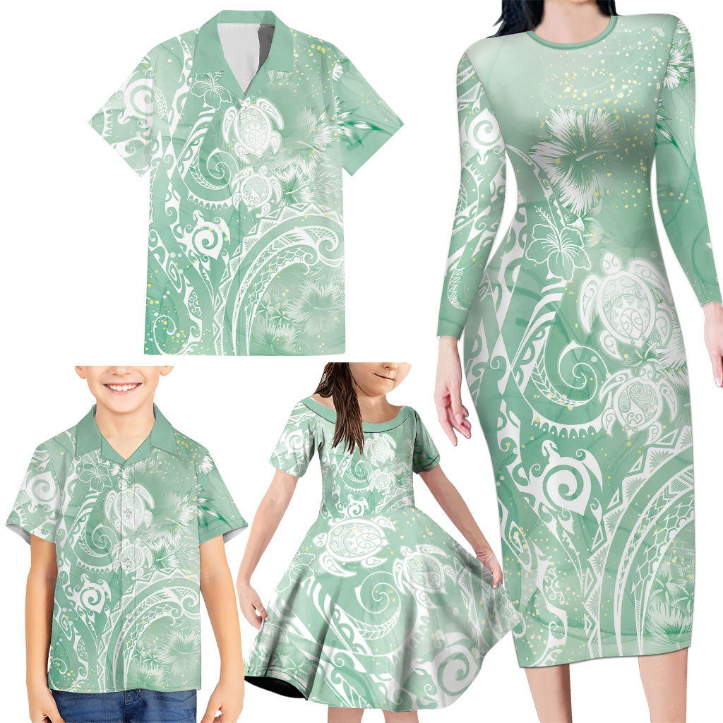 Aloha Hawaii Turtles Floral Family Matching Long Sleeve Bodycon Dress and Hawaiian Shirt Seafoam Marbles Glaze LT7 - Polynesian Pride