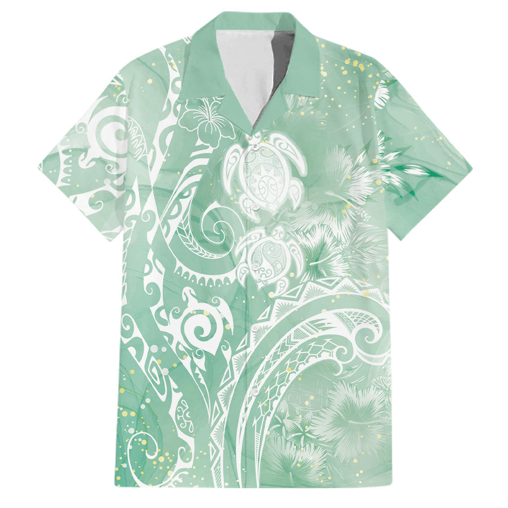 Aloha Hawaii Turtles Floral Family Matching Long Sleeve Bodycon Dress and Hawaiian Shirt Seafoam Marbles Glaze