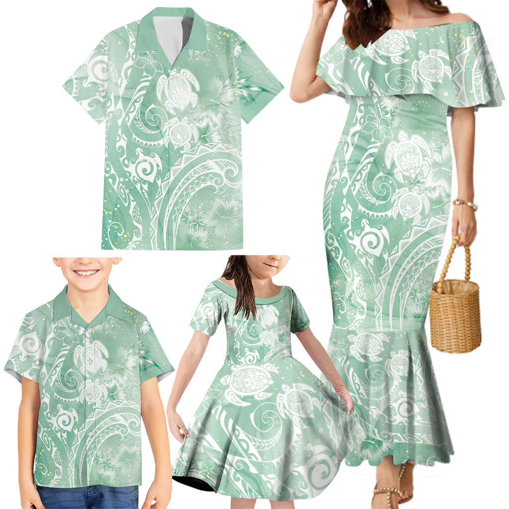 Aloha Hawaii Turtles Floral Family Matching Mermaid Dress and Hawaiian Shirt Seafoam Marbles Glaze LT7 - Polynesian Pride