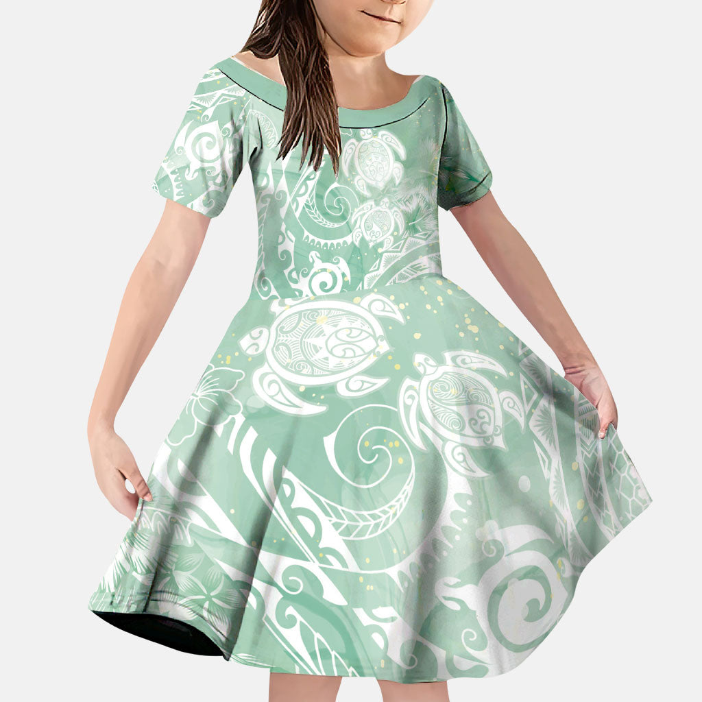 Aloha Hawaii Turtles Floral Family Matching Off Shoulder Maxi Dress and Hawaiian Shirt Seafoam Marbles Glaze