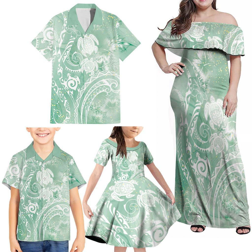 Aloha Hawaii Turtles Floral Family Matching Off Shoulder Maxi Dress and Hawaiian Shirt Seafoam Marbles Glaze