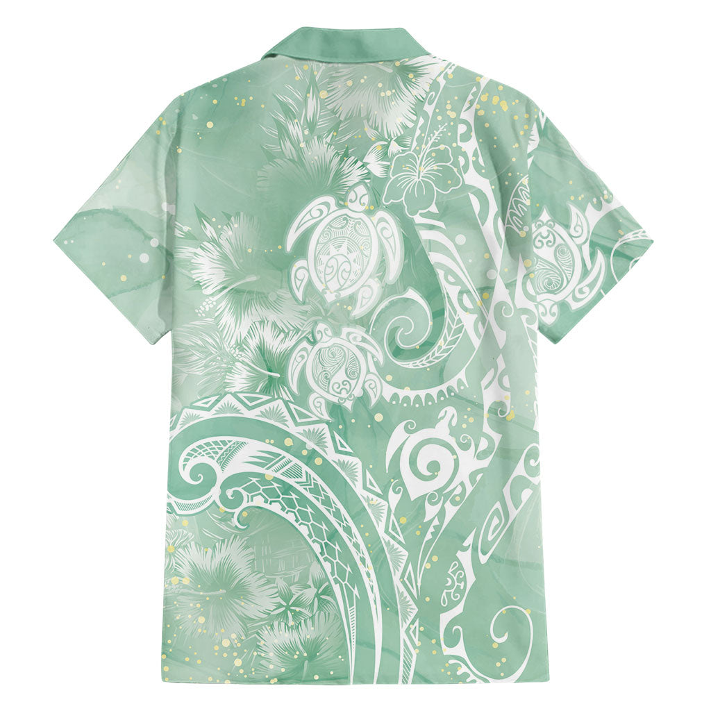 Aloha Hawaii Turtles Floral Family Matching Off Shoulder Short Dress and Hawaiian Shirt Seafoam Marbles Glaze