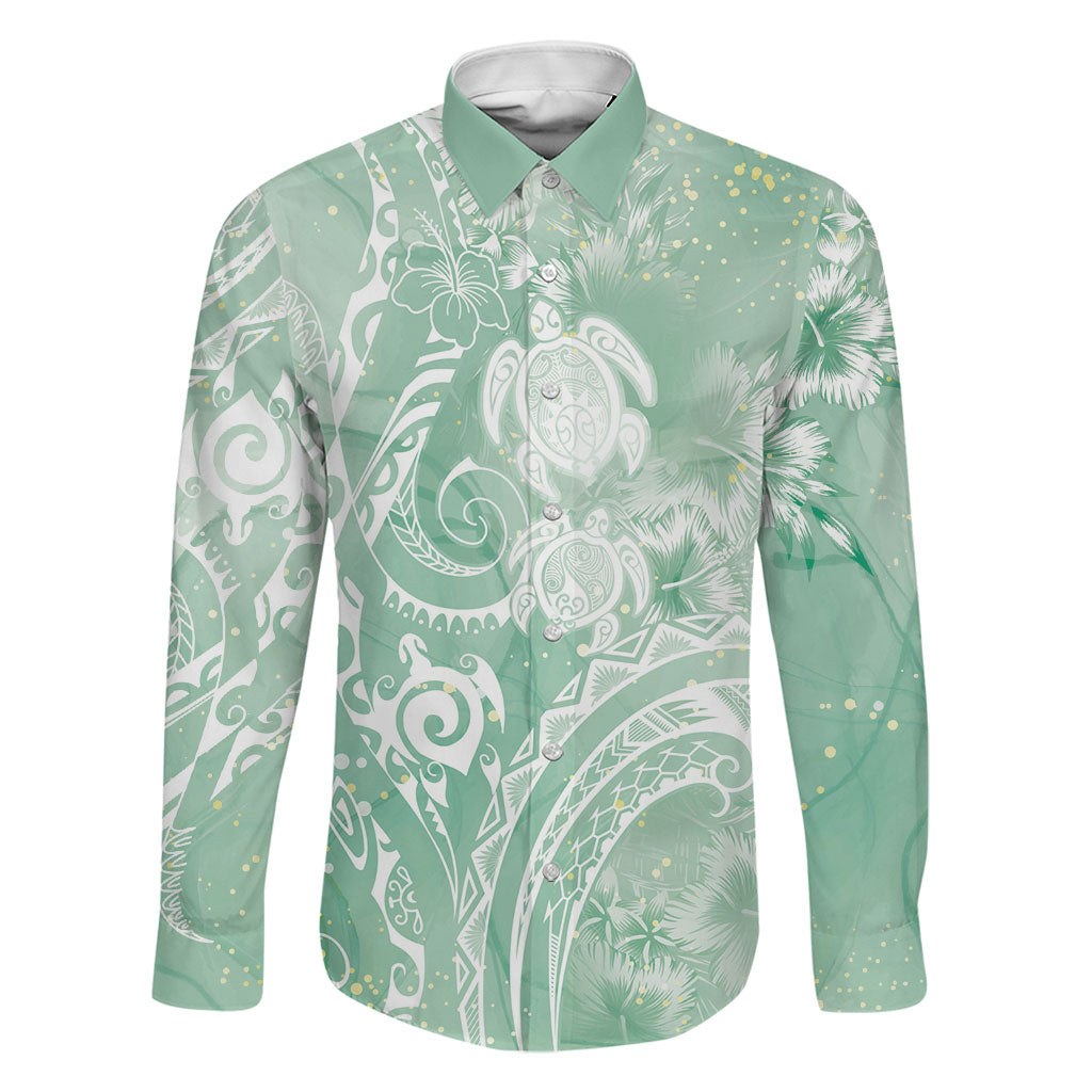 Aloha Hawaii Turtles Floral Family Matching Puletasi and Hawaiian Shirt Seafoam Marbles Glaze