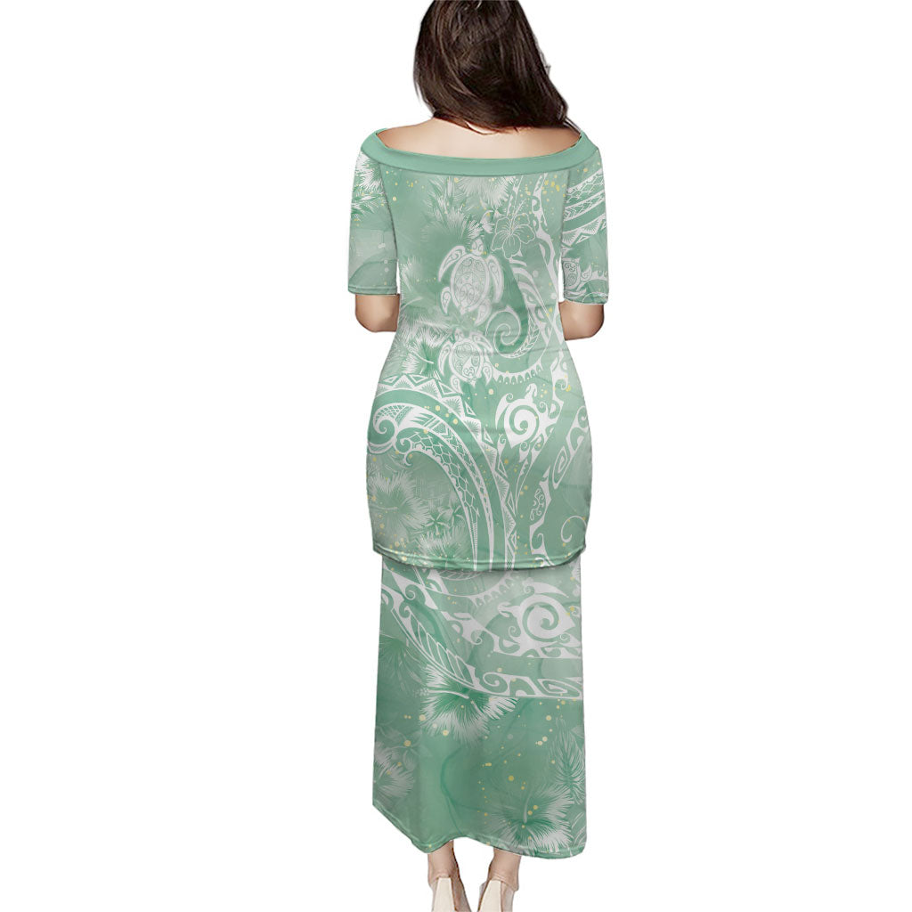 Aloha Hawaii Turtles Floral Family Matching Puletasi and Hawaiian Shirt Seafoam Marbles Glaze