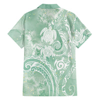 Aloha Hawaii Turtles Floral Family Matching Short Sleeve Bodycon Dress and Hawaiian Shirt Seafoam Marbles Glaze