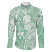 Aloha Hawaii Turtles Floral Family Matching Short Sleeve Bodycon Dress and Hawaiian Shirt Seafoam Marbles Glaze